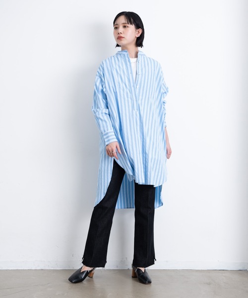 23SS 美品 MHL. ストライプ柄コットンバンドカラープルオーバーシャツ 23SS 美品 MHL. ストライプ柄コットンバンドカラープルオーバー