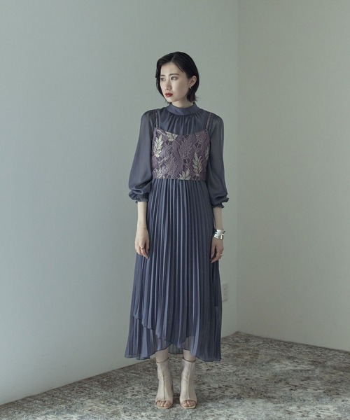 レースビスチェ×ボトルネックプリーツ結婚式ワンピースドレス