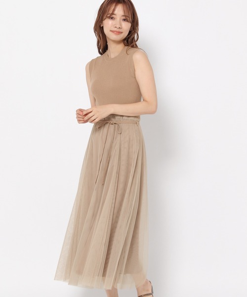 mysty woman(ミスティウーマン)の「ニットチュールドッキングワンピース 949389(ワンピース・レディース・アイボリー/ブラック/モカ・FREE)」の3枚目の写真