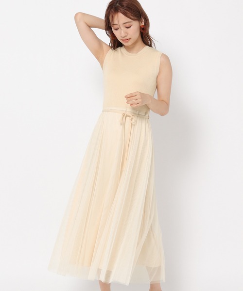 mysty woman(ミスティウーマン)の「ニットチュールドッキングワンピース 949389(ワンピース・レディース・アイボリー/ブラック/モカ・FREE)」の6枚目の写真