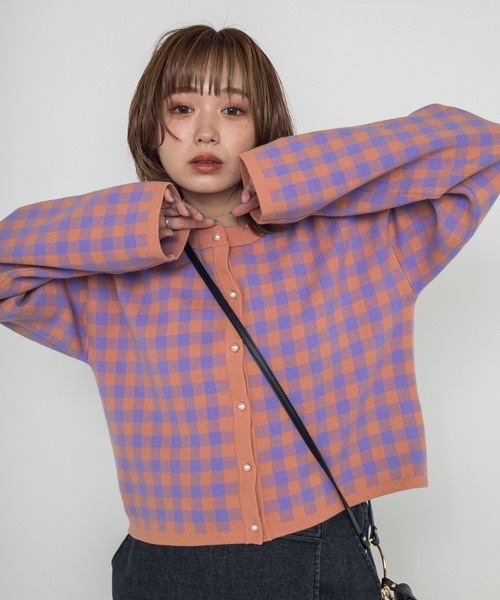 w closet（ダブルクローゼット）の「【新色追加】12Gギンガムジャガードカーディガン（カーディガン/ボレロ・レディース・ブラック×ホワイト/ボルドー/グリーン/ラベンダー/オレンジ・FREE）」の3枚目の写真