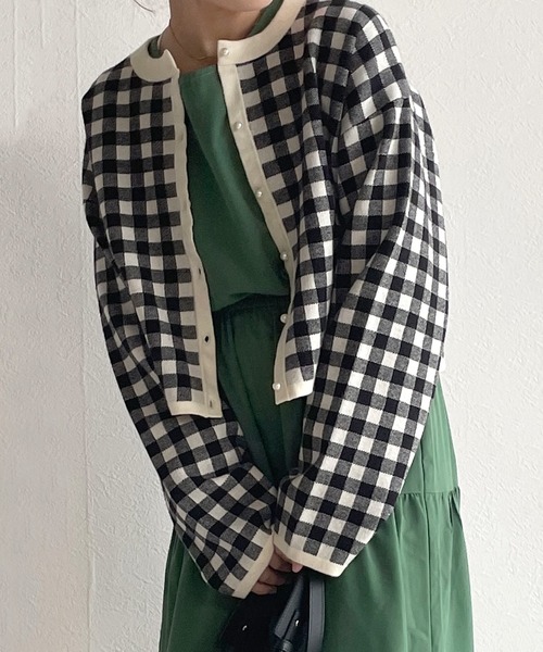 w closet（ダブルクローゼット）の「【新色追加】12Gギンガムジャガードカーディガン（カーディガン/ボレロ・レディース・ブラック×ホワイト/ボルドー/グリーン/ラベンダー/オレンジ・FREE）」の2枚目の写真