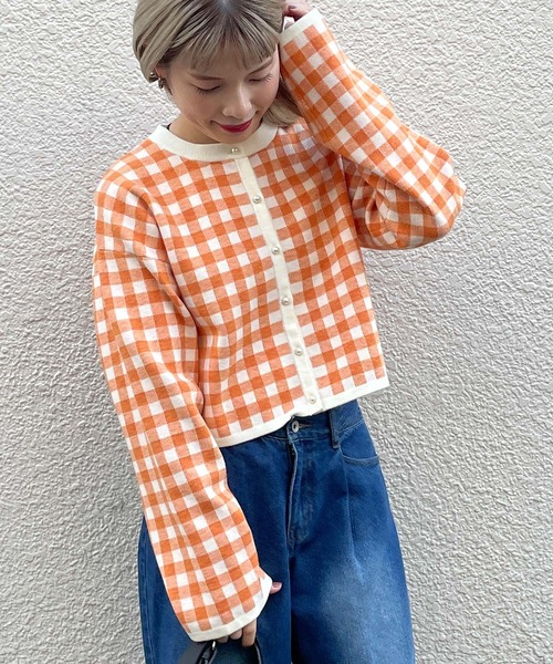 w closet（ダブルクローゼット）の「【新色追加】12Gギンガムジャガードカーディガン（カーディガン/ボレロ・レディース・ブラック×ホワイト/ボルドー/グリーン/ラベンダー/オレンジ・FREE）」の5枚目の写真