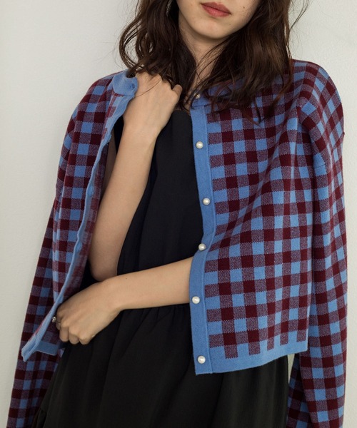 w closet（ダブルクローゼット）の「【新色追加】12Gギンガムジャガードカーディガン（カーディガン/ボレロ・レディース・ブラック×ホワイト/ボルドー/グリーン/ラベンダー/オレンジ・FREE）」の4枚目の写真
