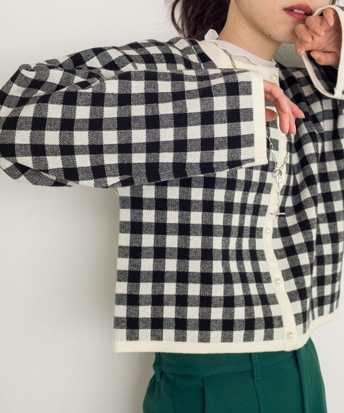 w closet（ダブルクローゼット）の「【新色追加】12Gギンガムジャガードカーディガン（カーディガン/ボレロ・レディース・ブラック×ホワイト/ボルドー/グリーン/ラベンダー/オレンジ・FREE）」の21枚目の写真