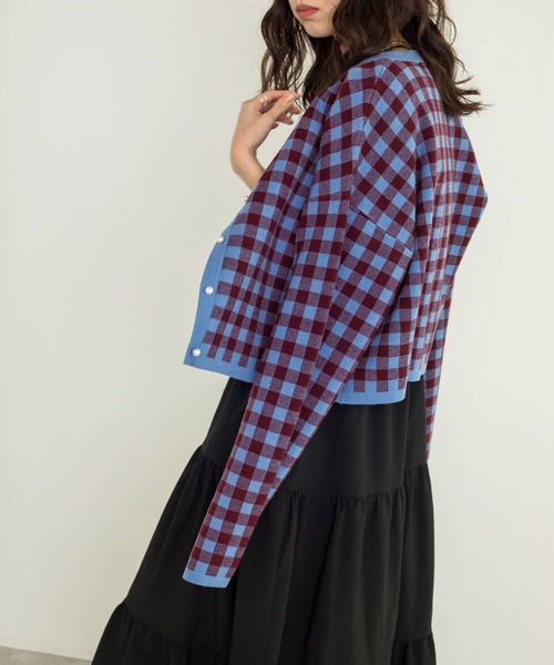 w closet（ダブルクローゼット）の「【新色追加】12Gギンガムジャガードカーディガン（カーディガン/ボレロ・レディース・ブラック×ホワイト/ボルドー/グリーン/ラベンダー/オレンジ・FREE）」の8枚目の写真