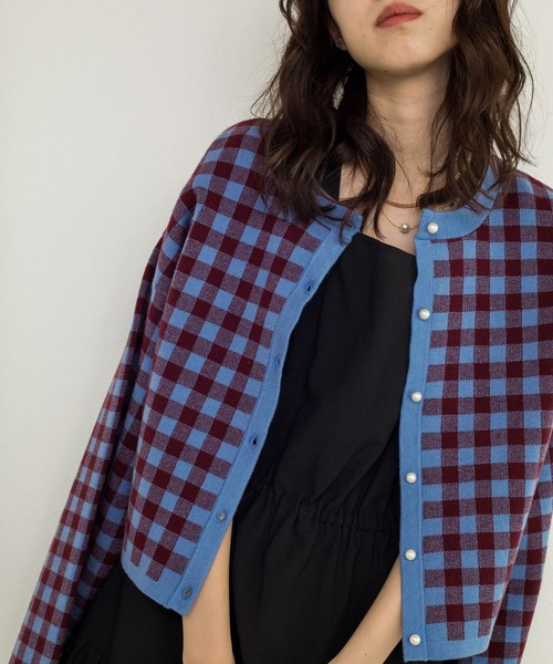 w closet（ダブルクローゼット）の「【新色追加】12Gギンガムジャガードカーディガン（カーディガン/ボレロ・レディース・ブラック×ホワイト/ボルドー/グリーン/ラベンダー/オレンジ・FREE）」の11枚目の写真