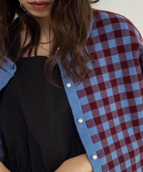 w closet（ダブルクローゼット）の「【新色追加】12Gギンガムジャガードカーディガン（カーディガン/ボレロ・レディース・ブラック×ホワイト/ボルドー/グリーン/ラベンダー/オレンジ・FREE）」の14枚目の写真