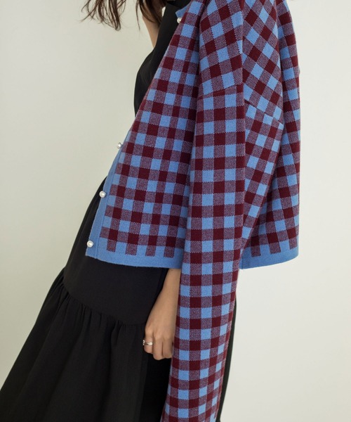 w closet（ダブルクローゼット）の「【新色追加】12Gギンガムジャガードカーディガン（カーディガン/ボレロ・レディース・ブラック×ホワイト/ボルドー/グリーン/ラベンダー/オレンジ・FREE）」の15枚目の写真
