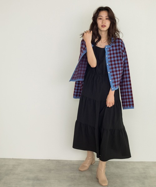 w closet（ダブルクローゼット）の「【新色追加】12Gギンガムジャガードカーディガン（カーディガン/ボレロ・レディース・ブラック×ホワイト/ボルドー/グリーン/ラベンダー/オレンジ・FREE）」の16枚目の写真