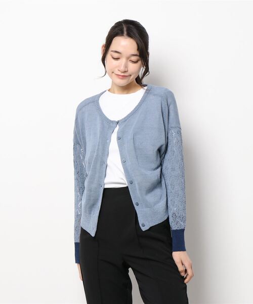 Q（キュー）の「透かし編みショートカーデ（カーディガン/ボレロ・レディース・ライトブルー/ライトベージュ・MEDIUM）」の6枚目の写真