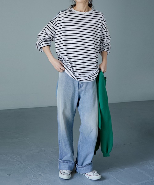 Fashion Letter（ファッションレター）の「コットンボーダービッグロンT（Tシャツ/カットソー・レディース・ブラック/ブルー/グリーン・FREE）」の2枚目の写真