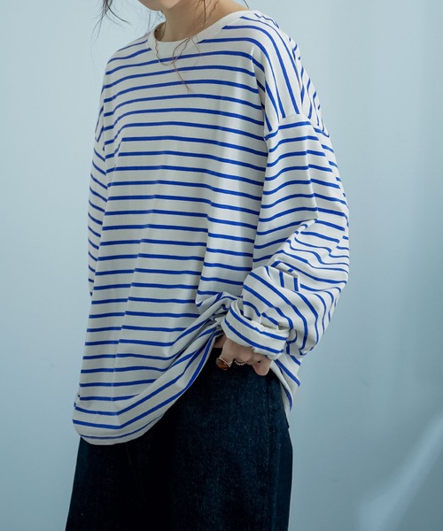 Fashion Letter（ファッションレター）の「コットンボーダービッグロンT（Tシャツ/カットソー・レディース・ブラック/ブルー/グリーン・FREE）」の5枚目の写真