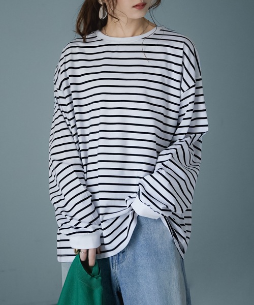 Fashion Letter（ファッションレター）の「コットンボーダービッグロンT（Tシャツ/カットソー・レディース・ブラック/ブルー/グリーン・FREE）」の11枚目の写真