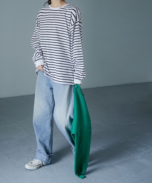 Fashion Letter（ファッションレター）の「コットンボーダービッグロンT（Tシャツ/カットソー・レディース・ブラック/ブルー/グリーン・FREE）」の13枚目の写真