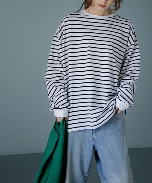 Fashion Letter（ファッションレター）の「コットンボーダービッグロンT（Tシャツ/カットソー・レディース・ブラック/ブルー/グリーン・FREE）」の14枚目の写真