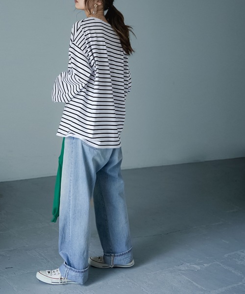 Fashion Letter（ファッションレター）の「コットンボーダービッグロンT（Tシャツ/カットソー・レディース・ブラック/ブルー/グリーン・FREE）」の16枚目の写真