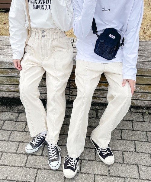 PairPair（ペアペア）の「ハイウエストギャザーパンツ(ユニセックス)（デニムパンツ・メンズ・ブラック/サックスブルー/アイボリー・MEDIUM/LARGE）」の4枚目の写真