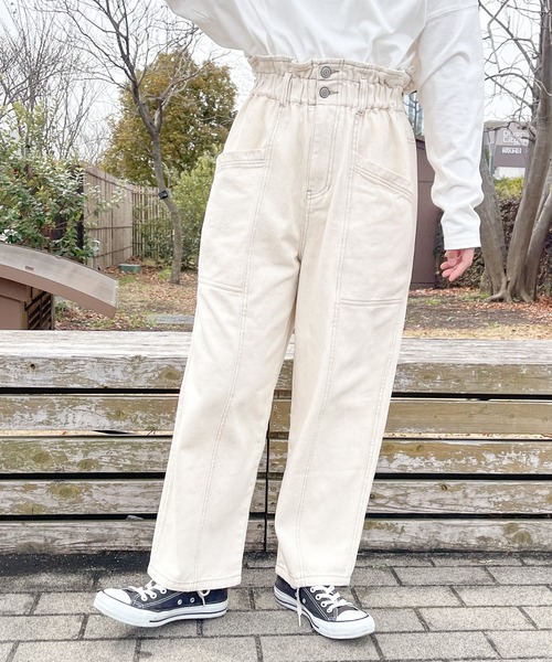 PairPair（ペアペア）の「ハイウエストギャザーパンツ(ユニセックス)（デニムパンツ・メンズ・ブラック/サックスブルー/アイボリー・MEDIUM/LARGE）」の6枚目の写真