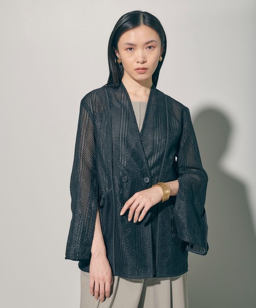 PUBLIC TOKYO(パブリックトウキョウ)の「メッシュノーカラーJKT(ノーカラージャケット・レディース・ホワイト/ブラック・FREE)」の4枚目の写真