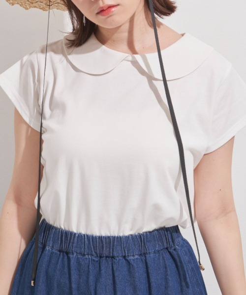MERLOT(メルロー)の「まる襟フレンチスリーブカットソー(Tシャツ/カットソー・レディース・ホワイト/ブラック/ターコイズブルー・FREE)」の1枚目の写真