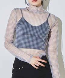 チェックシースルーハイネックカットソー