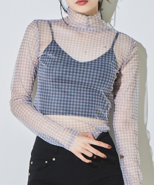 solleim(ソルレム)の「チェックシースルーハイネックカットソー(Tシャツ/カットソー・レディース・ブラック/グレー・M)」の1枚目の写真
