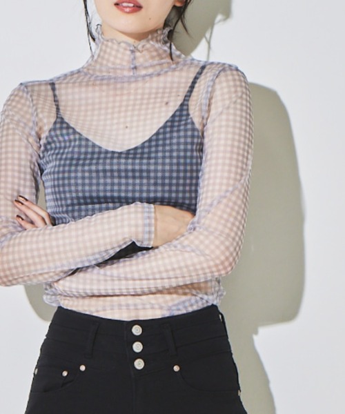 solleim(ソルレム)の「チェックシースルーハイネックカットソー(Tシャツ/カットソー・レディース・ブラック/グレー・M)」の7枚目の写真