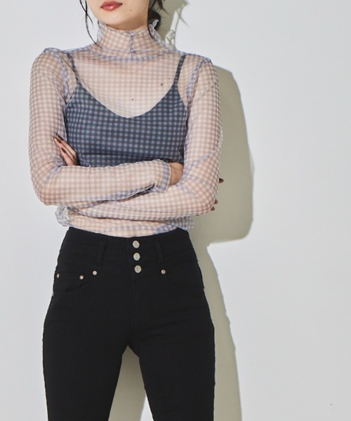 solleim(ソルレム)の「チェックシースルーハイネックカットソー(Tシャツ/カットソー・レディース・ブラック/グレー・M)」の9枚目の写真