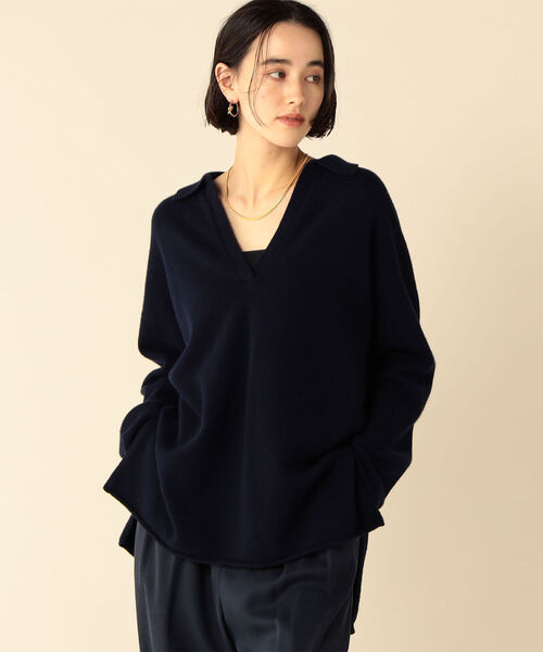 NOLLEY’S（ノーリーズ）の「ウールカシミヤポロ衿ロングニット（ニット/セーター・レディース・ネイビー/ブラウン/ベージュ・FREE）」の2枚目の写真