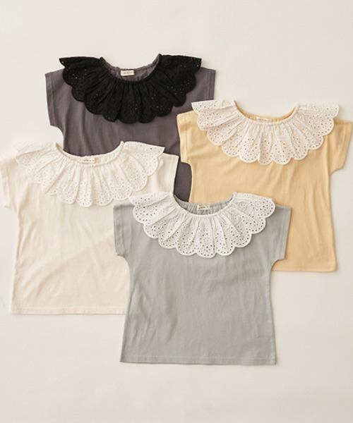 Lycee mine（リセマイン）の「【型崩れしないやわらかコットン】ラウンドフリルコットンレース衿トップス（Tシャツ/カットソー・キッズ・アイボリー/ミント/イエロー/チャコール・140cm/130cm/100cm/120cm/110cm/150cm）」の8枚目の写真