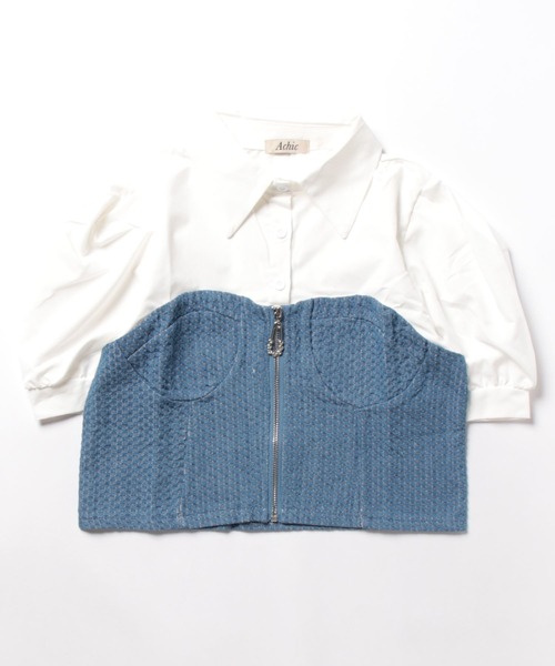 Achic(アシック)の「デニムパッチワーク半袖シャツ(シャツ/ブラウス・レディース・グレー/ホワイト/ブルー・M)」の4枚目の写真