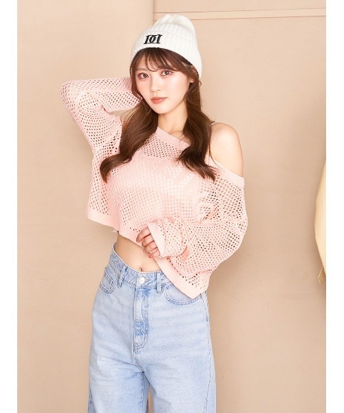 Darich（ダーリッチ）の「ジャガードメッシュニットトップス（シャツ/ブラウス・レディース・ブラック/ピンク/サックスブルー・FREE）」の3枚目の写真