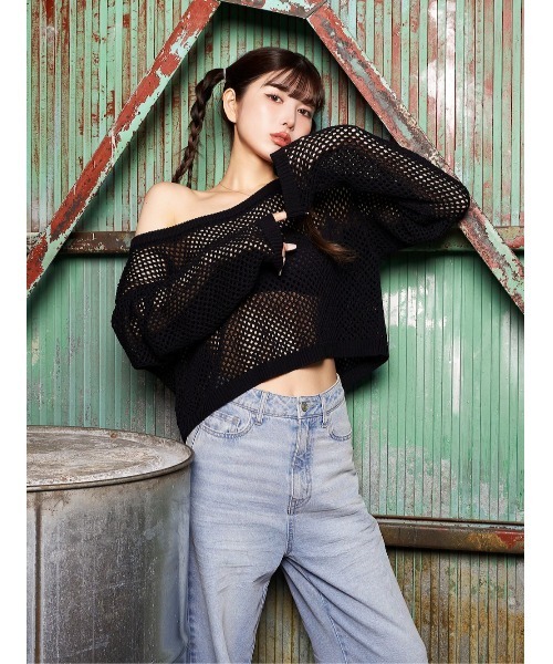 Darich（ダーリッチ）の「ジャガードメッシュニットトップス（シャツ/ブラウス・レディース・ブラック/ピンク/サックスブルー・FREE）」の5枚目の写真