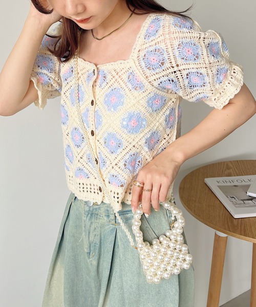 CLEA(クレア)の「クロシェ編みフラワー柄半袖トップス(Tシャツ/カットソー・レディース・グリーン/ライラック/オリーブ・FREE)」の3枚目の写真