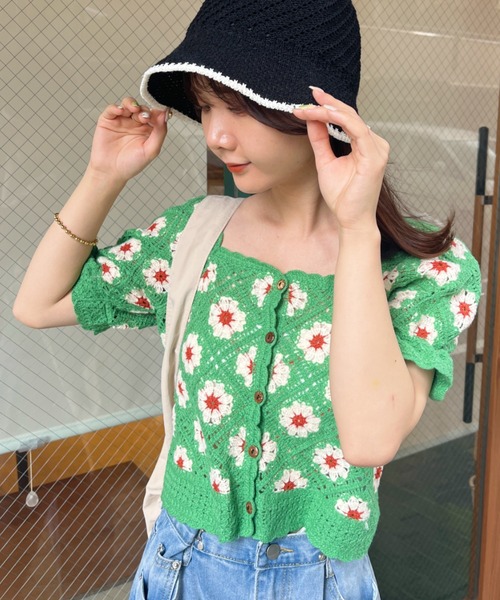 【Chloe】フラワー クロシェ編み スライド SET]クロシェ編みショートカーディガン+選べるネックレスセット