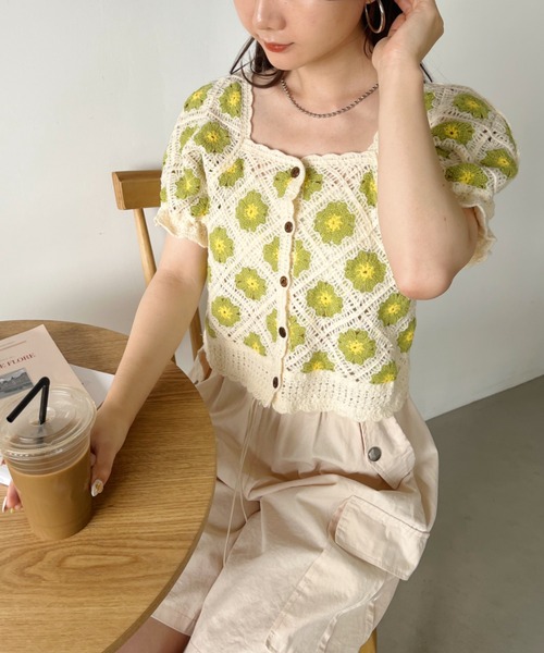 CLEA(クレア)の「クロシェ編みフラワー柄半袖トップス(Tシャツ/カットソー・レディース・グリーン/ライラック/オリーブ・FREE)」の10枚目の写真