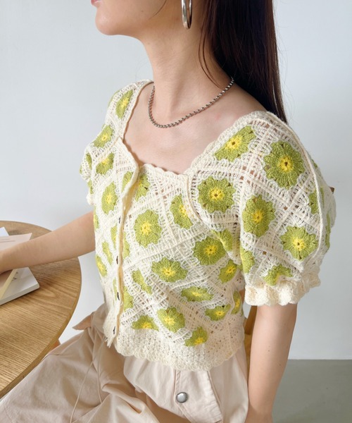 CLEA(クレア)の「クロシェ編みフラワー柄半袖トップス(Tシャツ/カットソー・レディース・グリーン/ライラック/オリーブ・FREE)」の12枚目の写真