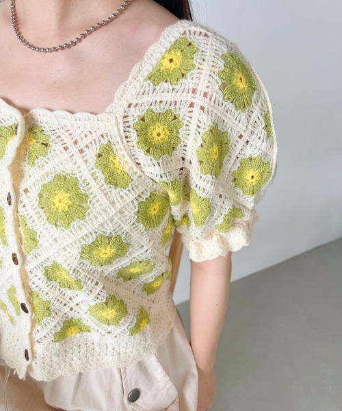 セール】クロシェ編みフラワー柄半袖トップス（Tシャツ/カットソー