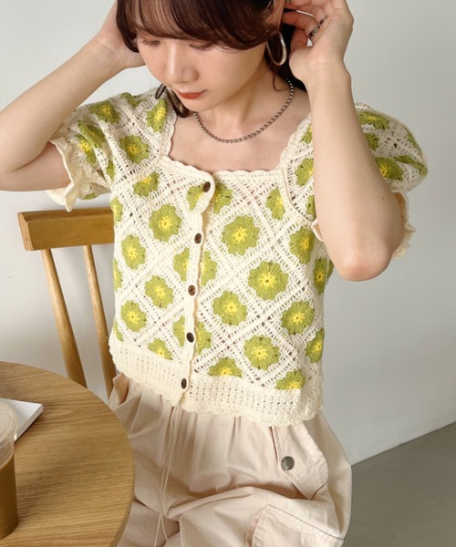 CLEA(クレア)の「クロシェ編みフラワー柄半袖トップス(Tシャツ/カットソー・レディース・グリーン/ライラック/オリーブ・FREE)」の9枚目の写真