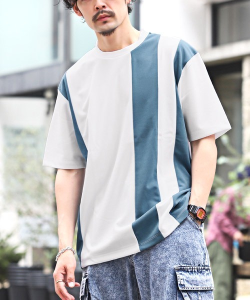 LUXSTYLE(ラグスタイル)の「梨地カラー切替BIGTシャツ(Tシャツ/カットソー・メンズ・ブラック×ホワイト/ホワイト×ブラック/ホワイト×ブルー/ホワイト×ライトグレー・L/M)」の2枚目の写真