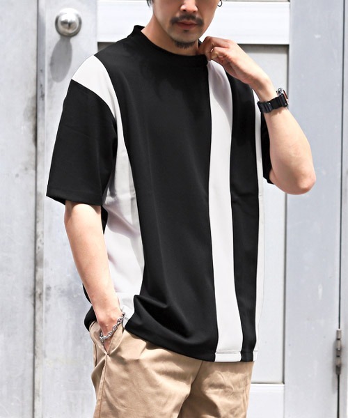 LUXSTYLE(ラグスタイル)の「梨地カラー切替BIGTシャツ(Tシャツ/カットソー・メンズ・ブラック×ホワイト/ホワイト×ブラック/ホワイト×ブルー/ホワイト×ライトグレー・L/M)」の4枚目の写真