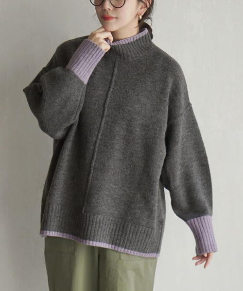 e-zakkamania stores（イーザッカマニアストアーズ）の「バイカラー ハイネックニット（ニット/セーター・レディース・グレイッシュベージュ/アイボリー/チャコール/グレー・フリー）」の11枚目の写真