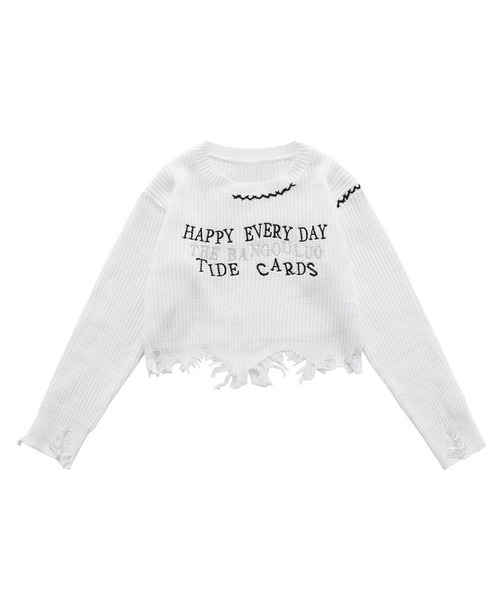 HOOK(フック)の「【HOOK】for girls クレイジーステッチダメージニット ショット丈(ニット/セーター・レディース・ホワイト/ブラック・M/S)」の1枚目の写真