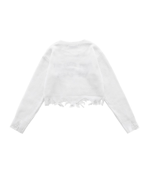 HOOK(フック)の「【HOOK】for girls クレイジーステッチダメージニット ショット丈(ニット/セーター・レディース・ホワイト/ブラック・M/S)」の4枚目の写真