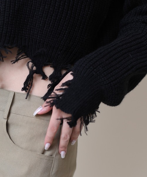 HOOK(フック)の「【HOOK】for girls クレイジーステッチダメージニット ショット丈(ニット/セーター・レディース・ホワイト/ブラック・M/S)」の17枚目の写真