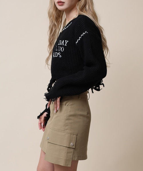 HOOK(フック)の「【HOOK】for girls クレイジーステッチダメージニット ショット丈(ニット/セーター・レディース・ホワイト/ブラック・M/S)」の14枚目の写真