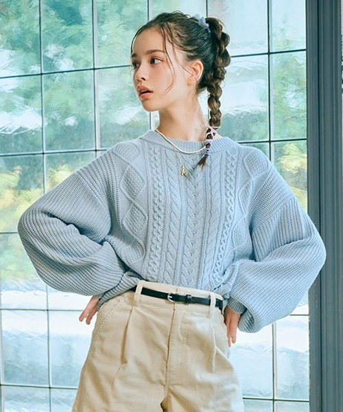 ジャックジャックKANATA 水色 ケーブルニットセーター LOVETOXIC（ラブトキシック）の「ケーブルニットプルオーバー（ニット