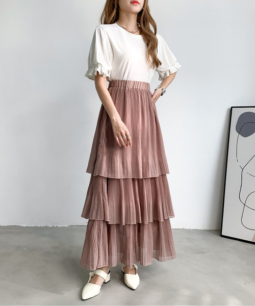 emi+(エミプラス)の「ティアードプリーツフリルスカート(スカート・レディース・グレー/ホワイト/ブラック/ピンクベージュ・L/M/S)」の6枚目の写真