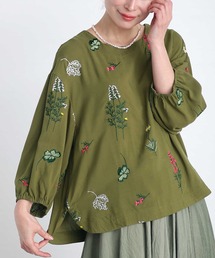 草花刺繍コットンブラウス